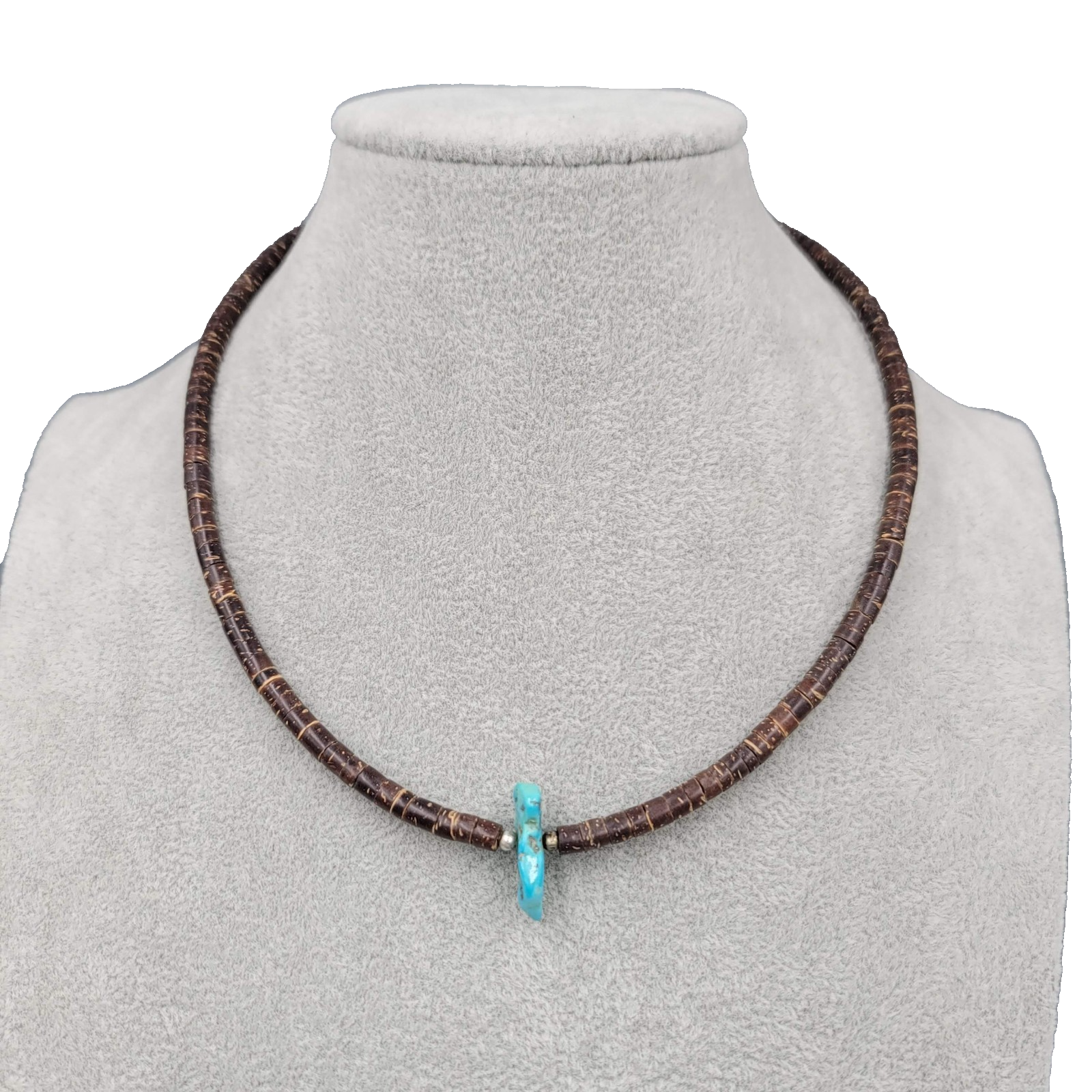 Vintage Coconut Heishi Necklace Turquoise Pendant 16 in Mens Womens