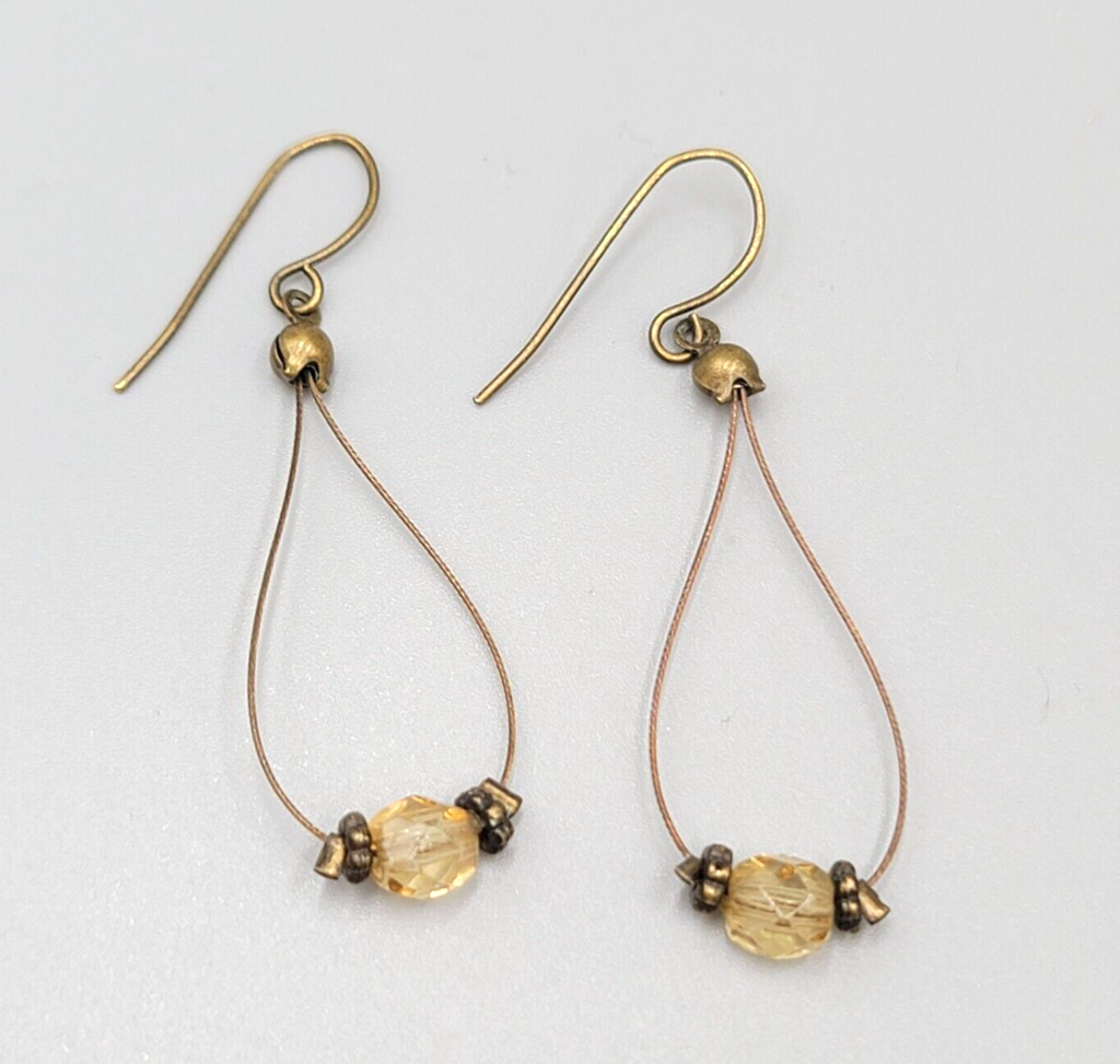 Pierced Earrings Bronze tone Teardrop Wire Yellow Glass Bead Dangle 1.5"