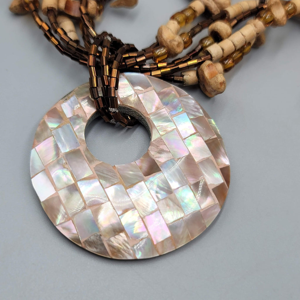 Natural Shell Pendant Multi Strand Necklace Mother of Pearl Wood Beads Boho 18"