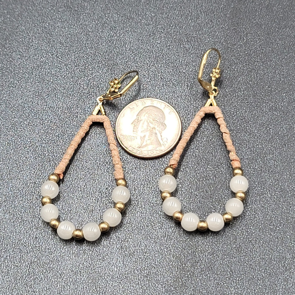 Pierced Earrings Gold tone Leather Wrapped Beaded Teardrop Dangle 2.25"