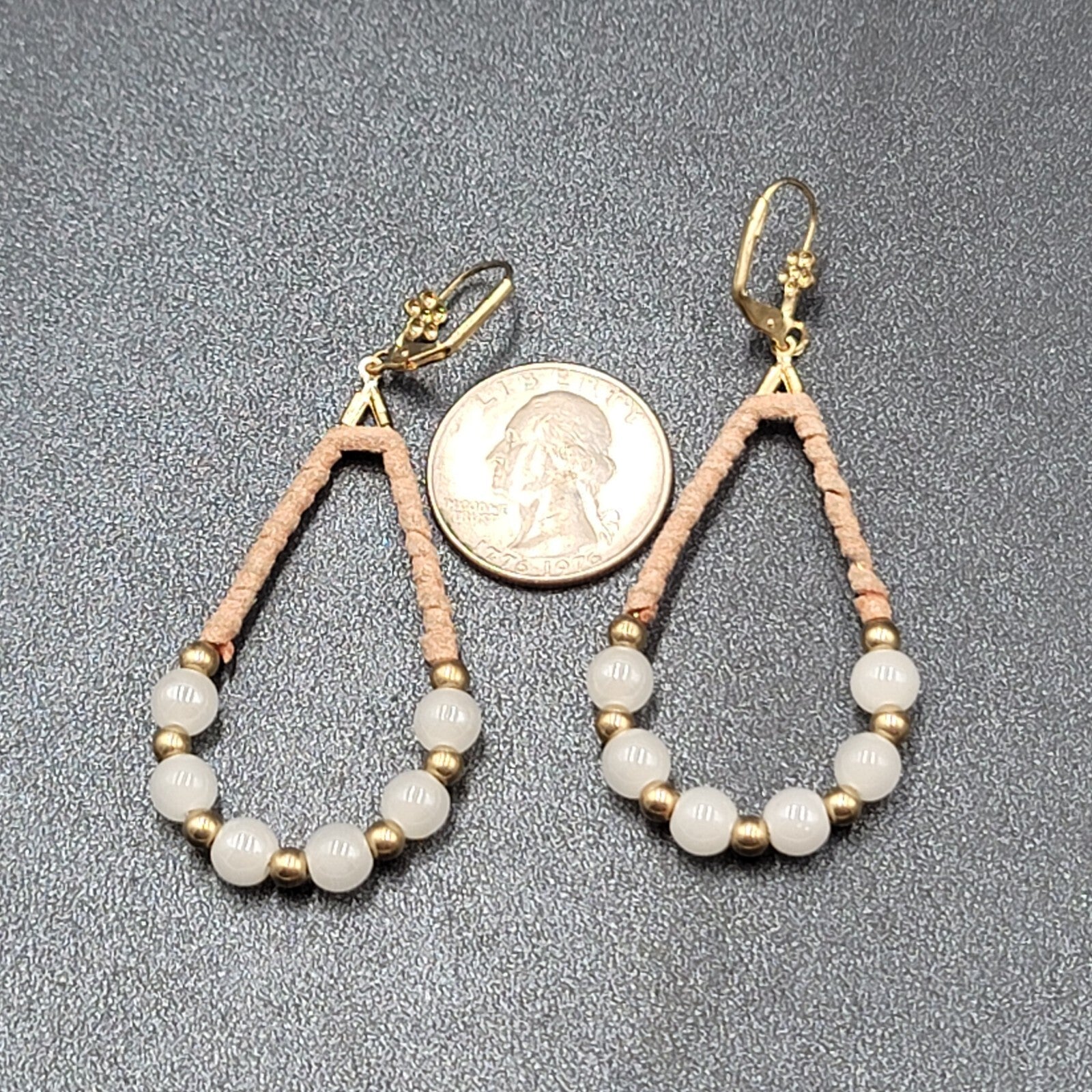 Pierced Earrings Gold tone Leather Wrapped Beaded Teardrop Dangle 2.25"