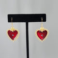 Evil Eye Red Guilloche Enamel Pierced Earrings Gold tone Dangle 1 1/8"