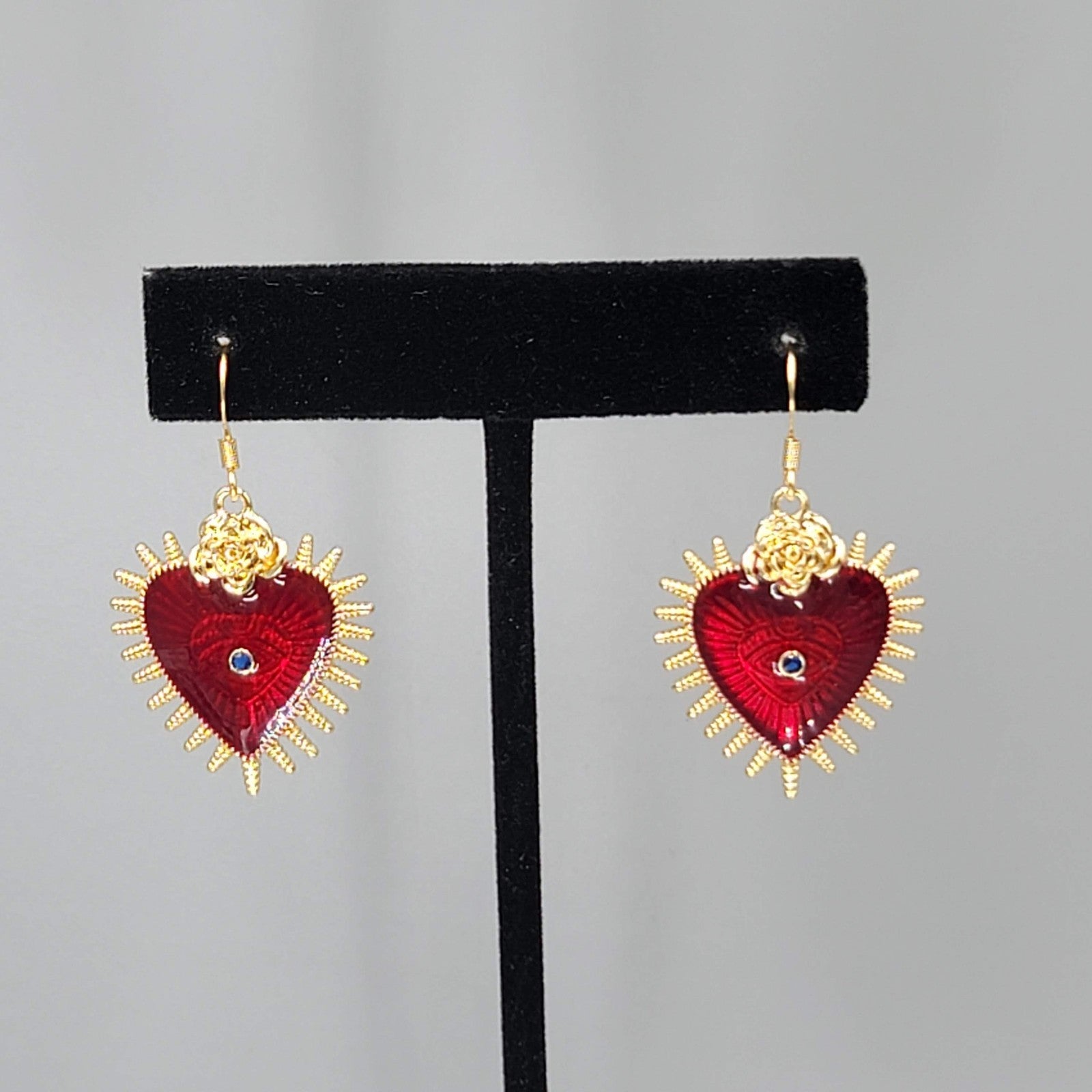 Evil Eye Red Guilloche Enamel Pierced Earrings Gold tone Dangle 1 1/8"