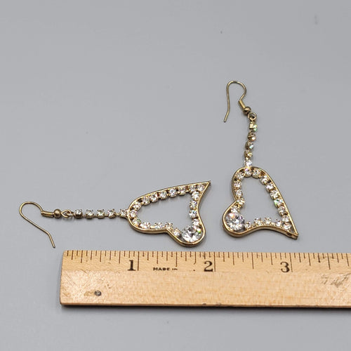 Dangle Heart Pierced Earrings Gold tone Rhinestone 2"