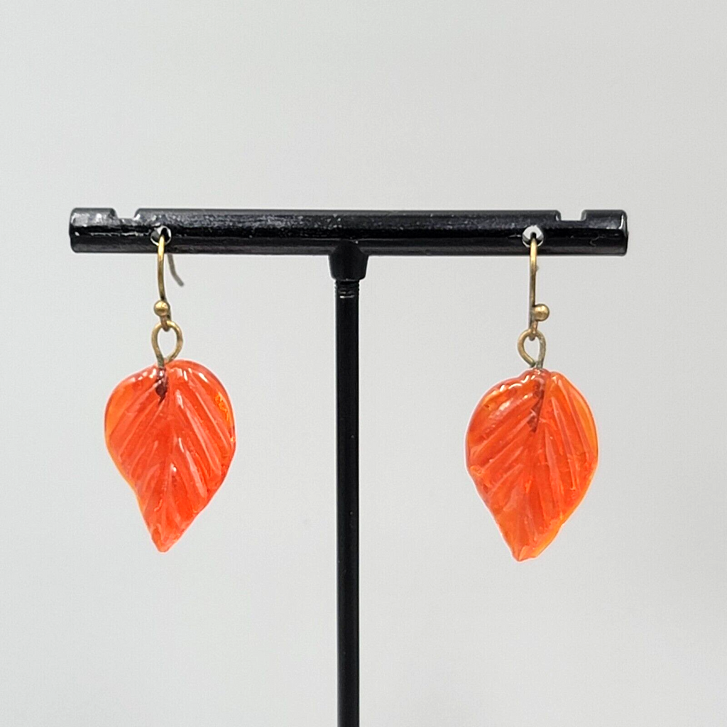 Orange Glass Leaf Pierced Earrings Bronze tone Dangle 1"