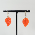 Orange Glass Leaf Pierced Earrings Bronze tone Dangle 1"
