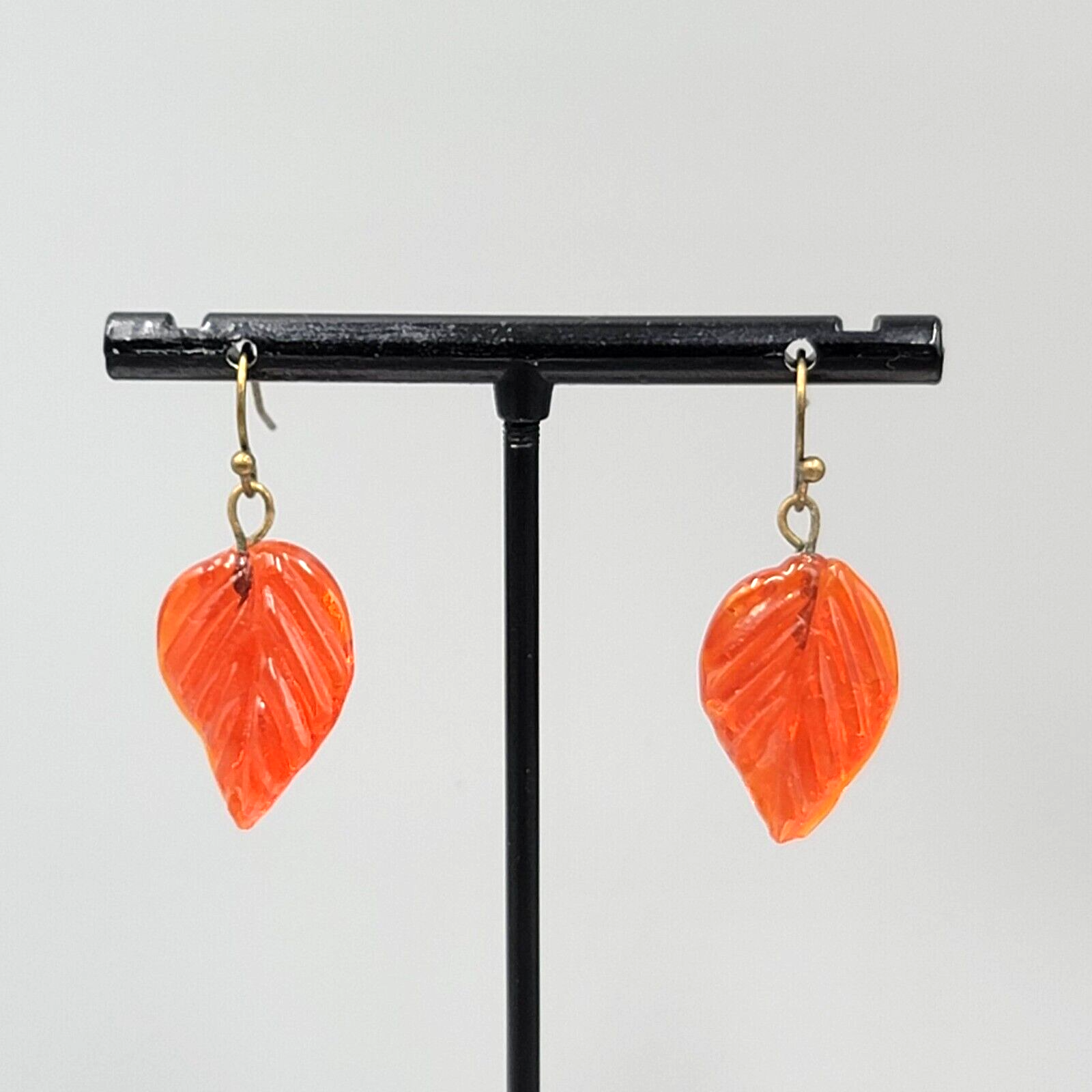Orange Glass Leaf Pierced Earrings Bronze tone Dangle 1"