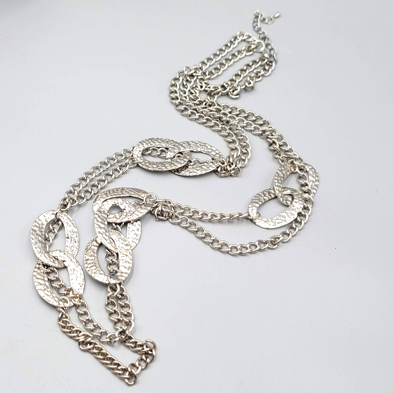 Long Double Chain Hammered Silver tone Necklace 32"