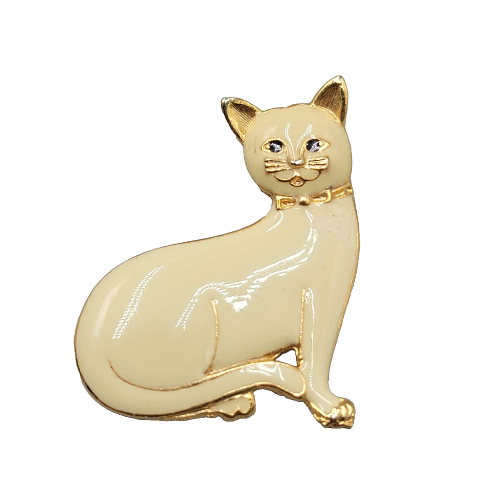 Vintage Enamel Kitty Cat Brooch Gold tone 1.5 in