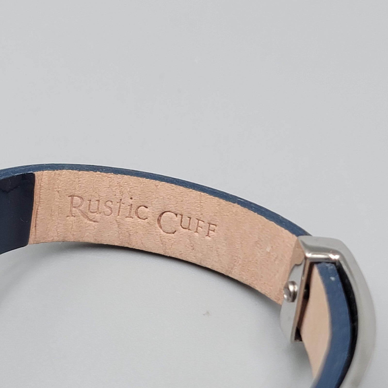 ANN ID Name Rustic Cuff Bracelet Silver Tone Navy Blue Leather RC Buckle Adj