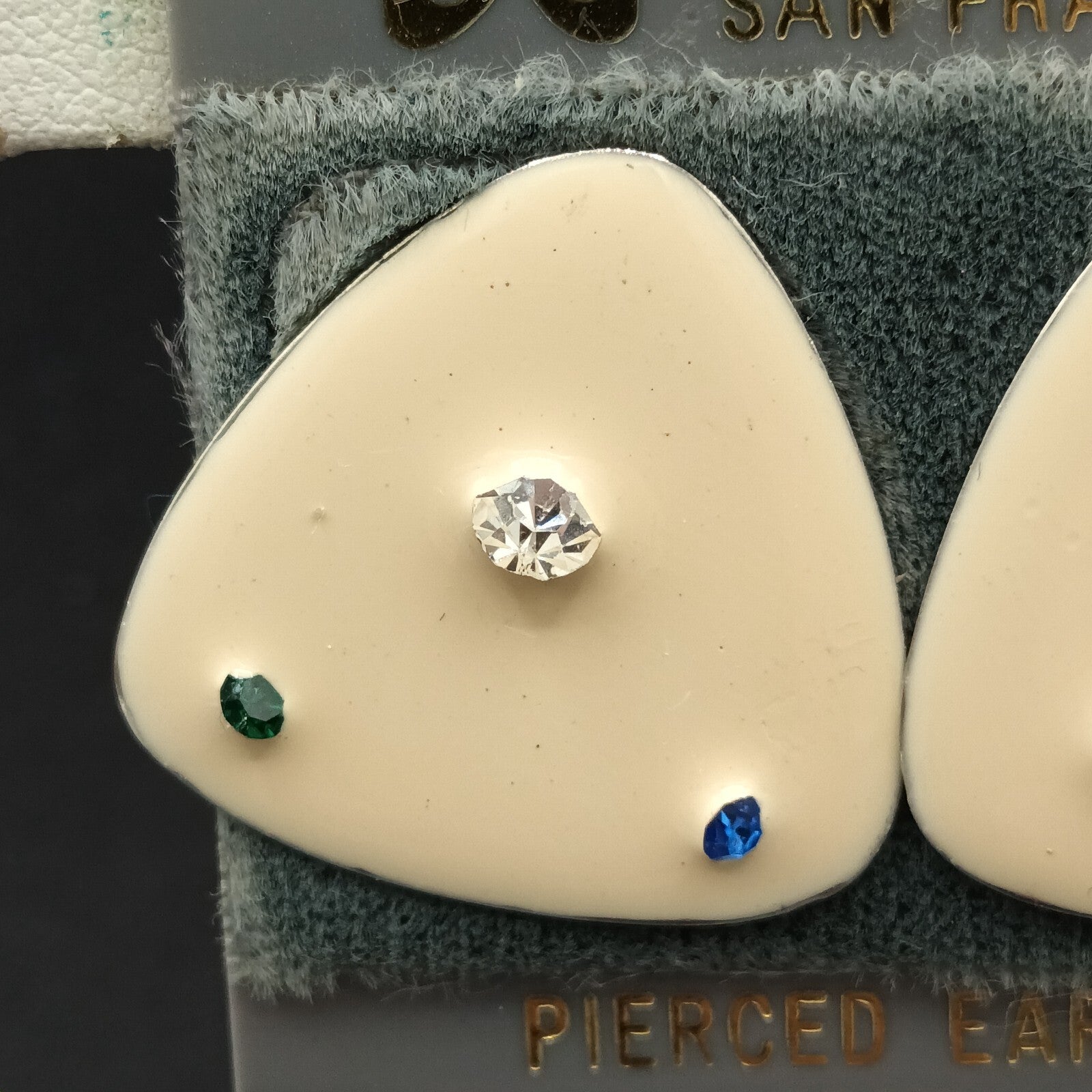 Vintage Pierced Earrings White Enamel Blue Clear Crystal Accent Triangle  1"