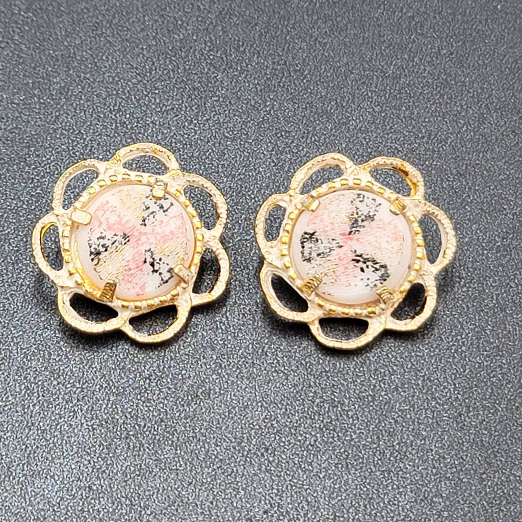 Vintage Clip on Earrings Gold tone White Pink Black Enamel Drop 1 1/8"