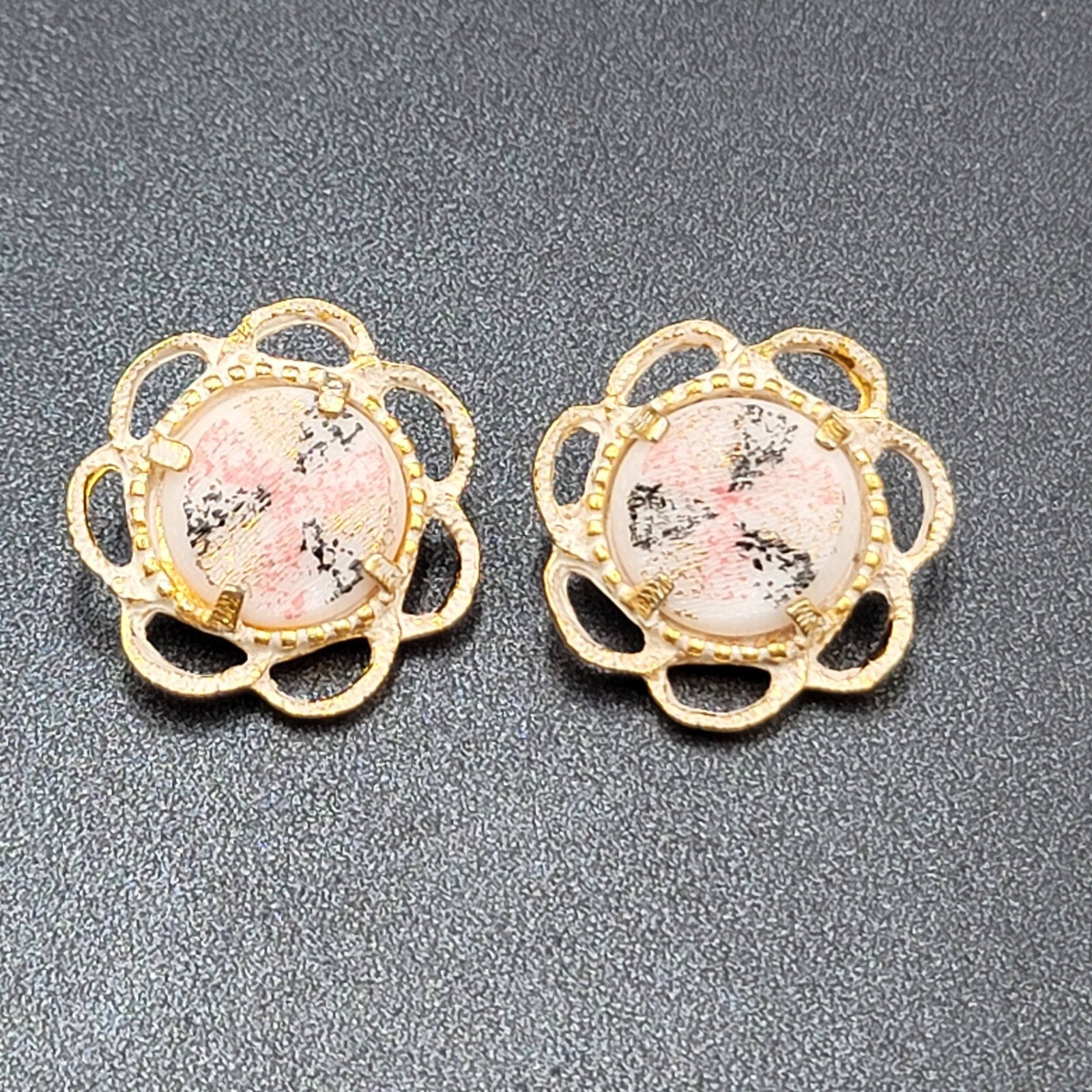 Vintage Clip on Earrings Gold tone White Pink Black Enamel Drop 1 1/8"