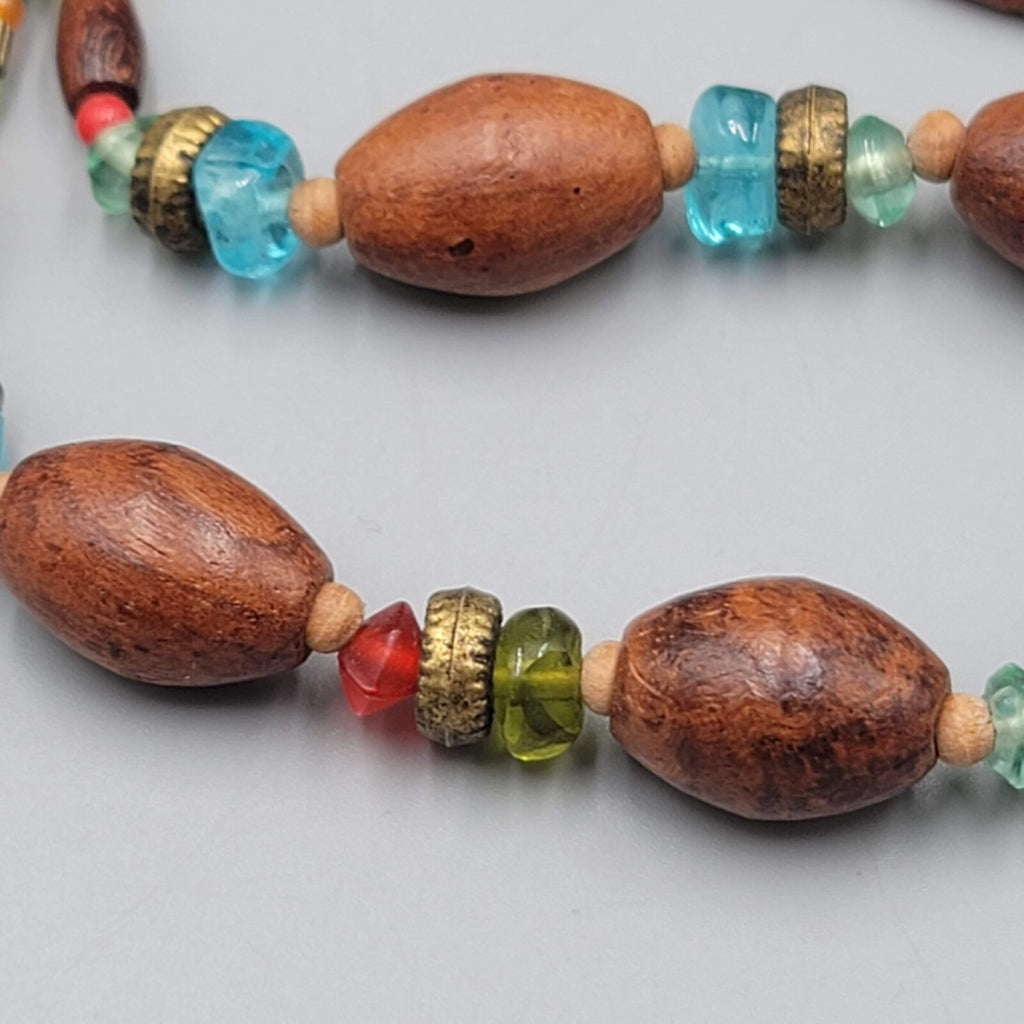 Wood Bead Artisan Necklace Multicolor Glass Spacers 18" Adj