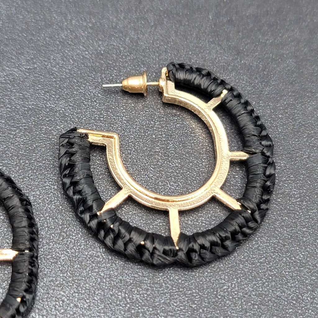 Pierced Earrings Gold tone Black String Wrapped Drop Hoops 1 5/8"