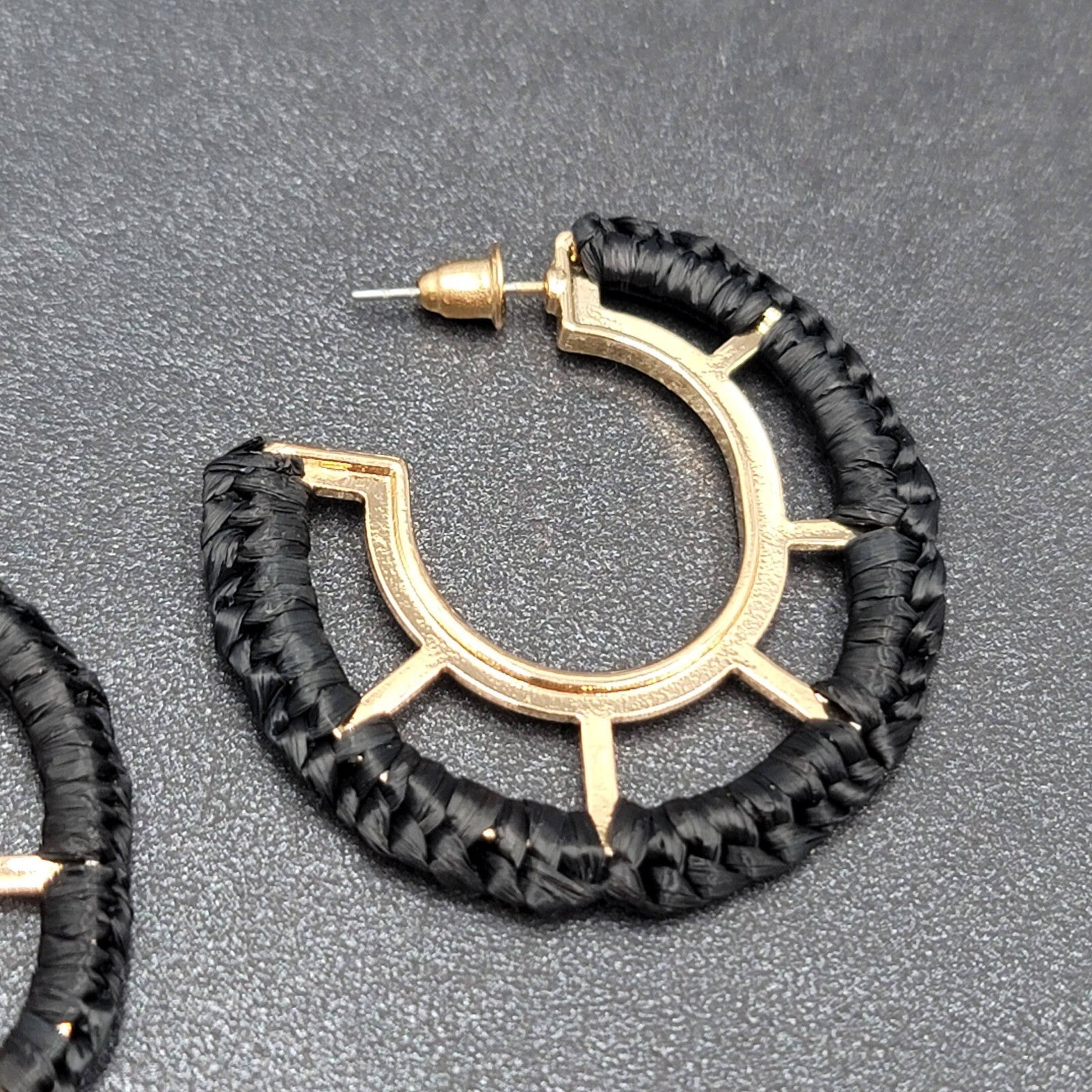 Pierced Earrings Gold tone Black String Wrapped Drop Hoops 1 5/8"