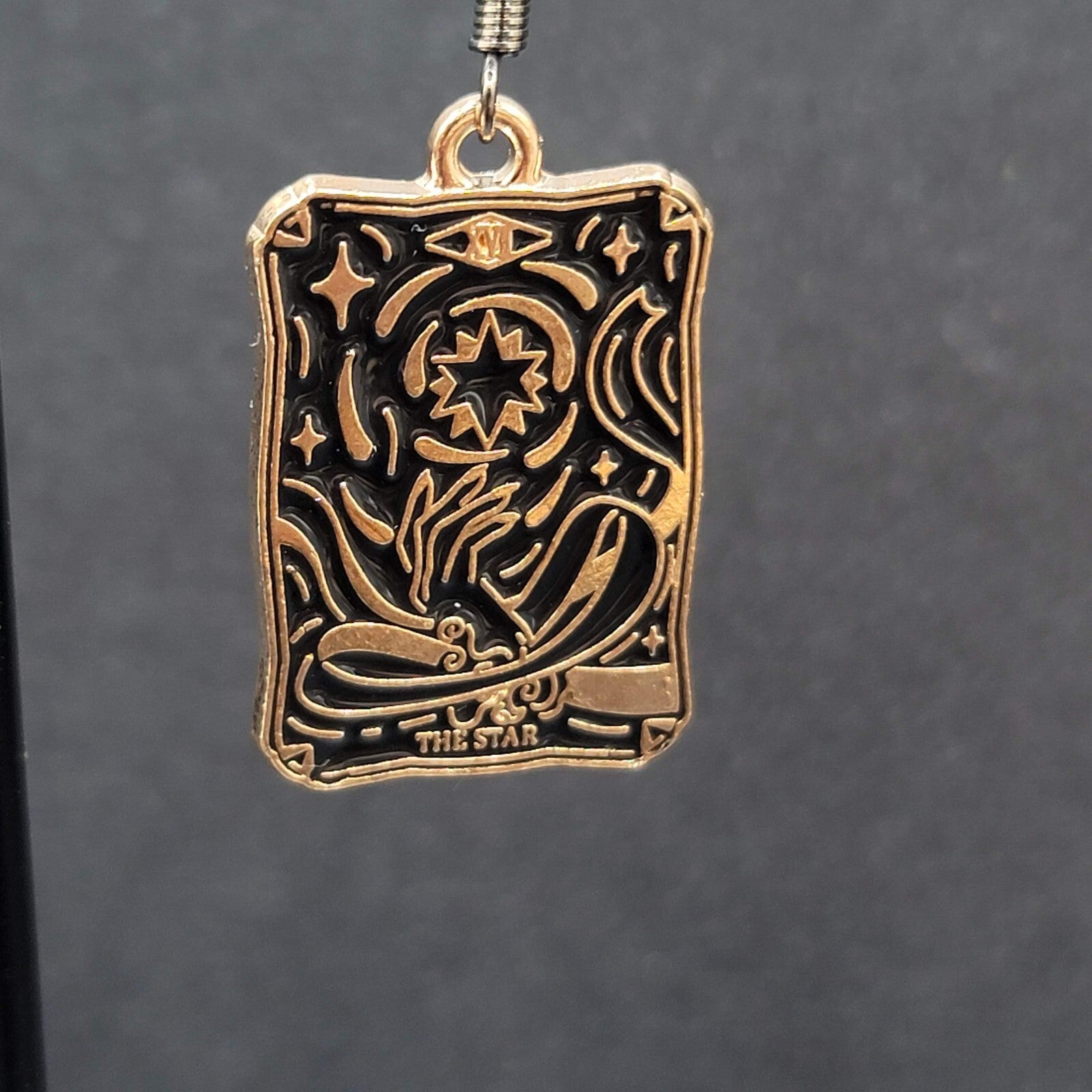Tarot Card Pierced Earrings The STAR Gold tone Black 1"