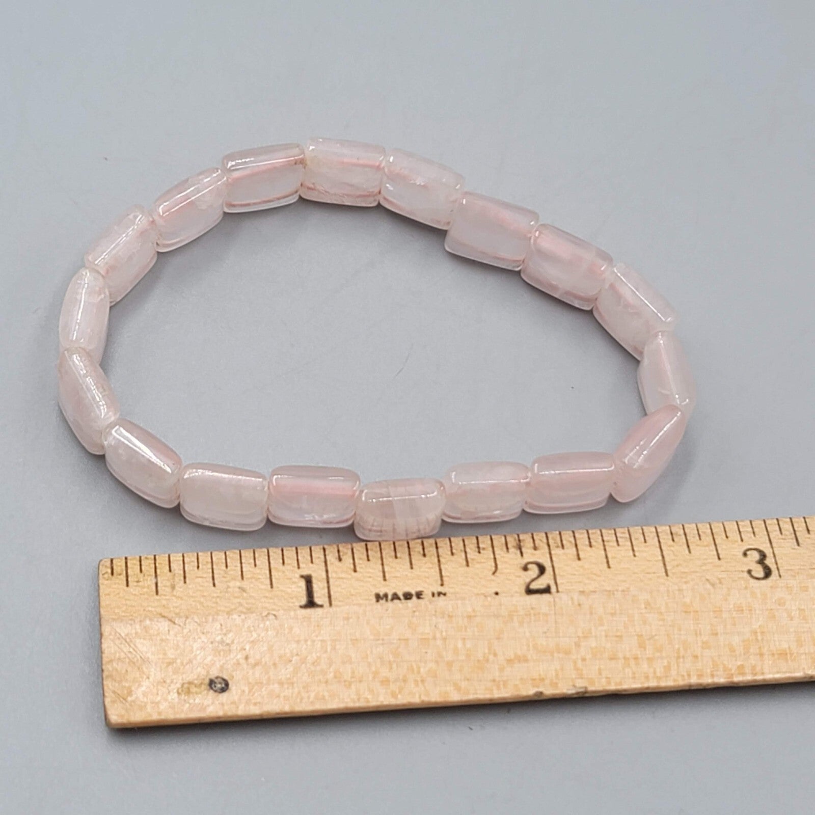 Pink Quartz Square Bead Bracelet Elastic 6.5"