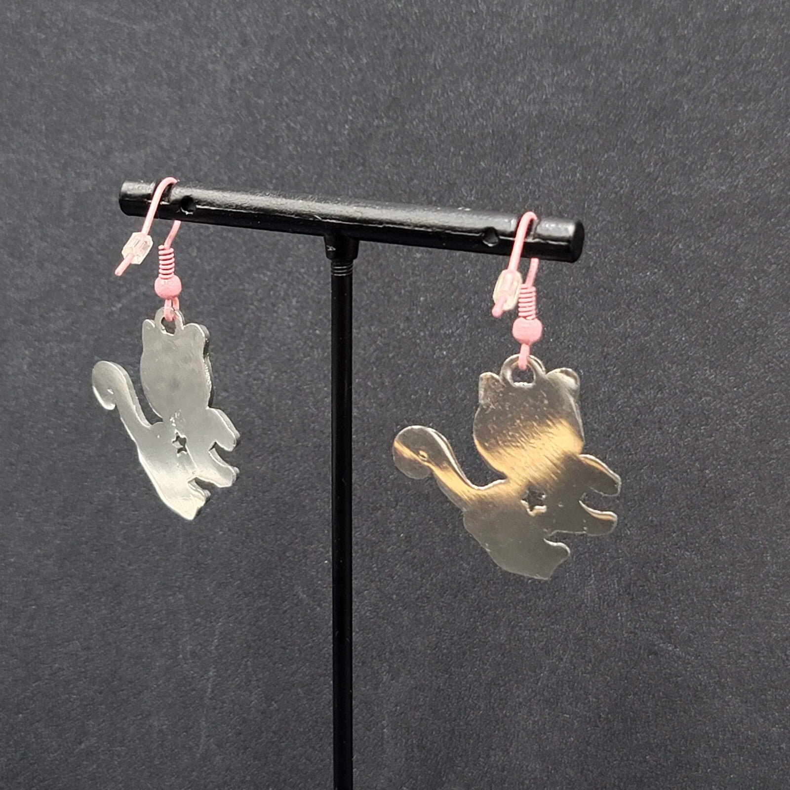 Pierced Earrings Pink White Enamel Kitty Cat Dangle Silver tone  1 1/8"