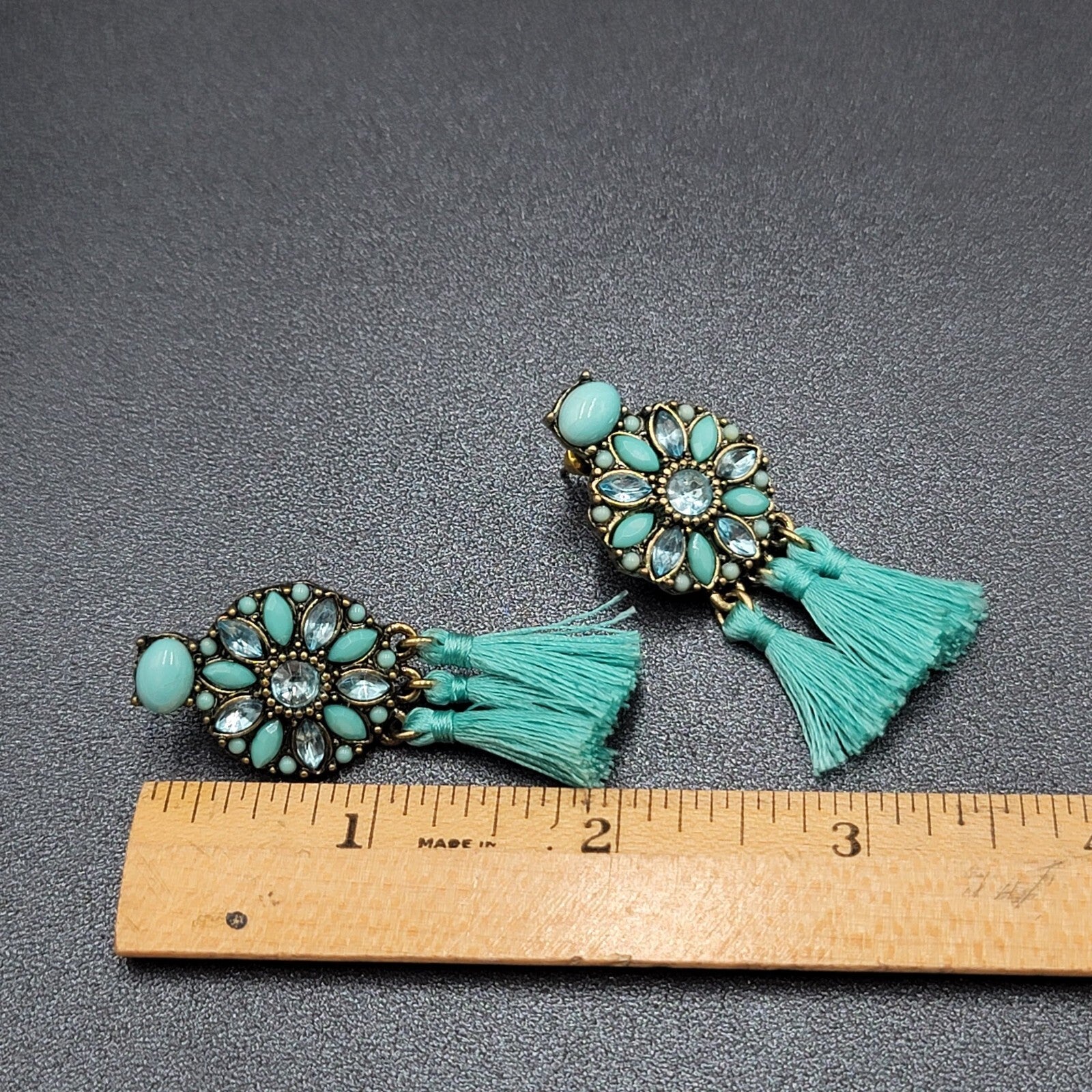 Pierced Earrings Gold tone Blue Rhinestone Tassel 2"