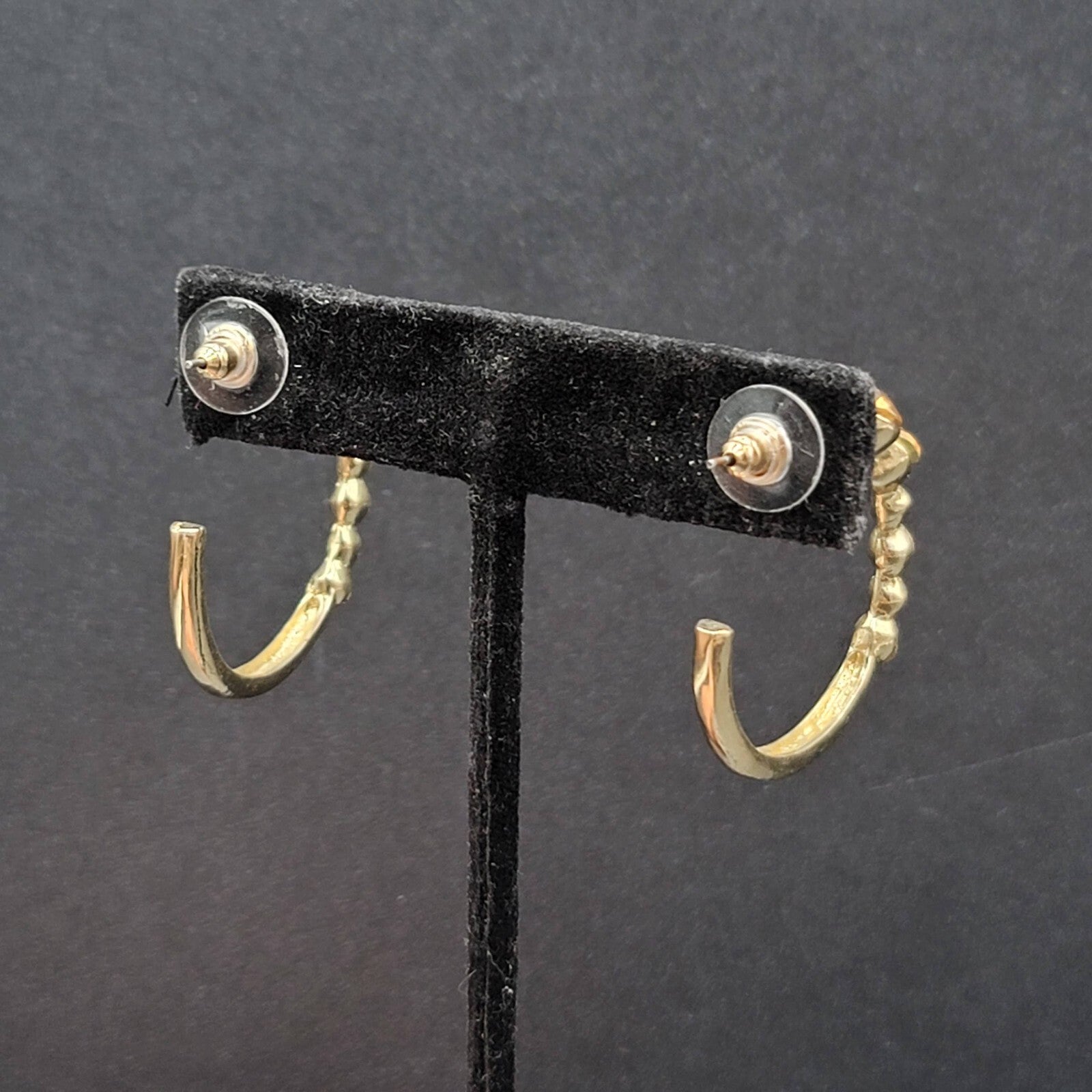 Pierced Earrings Gold tone Yellow Rhinestone Hoops 1.25"