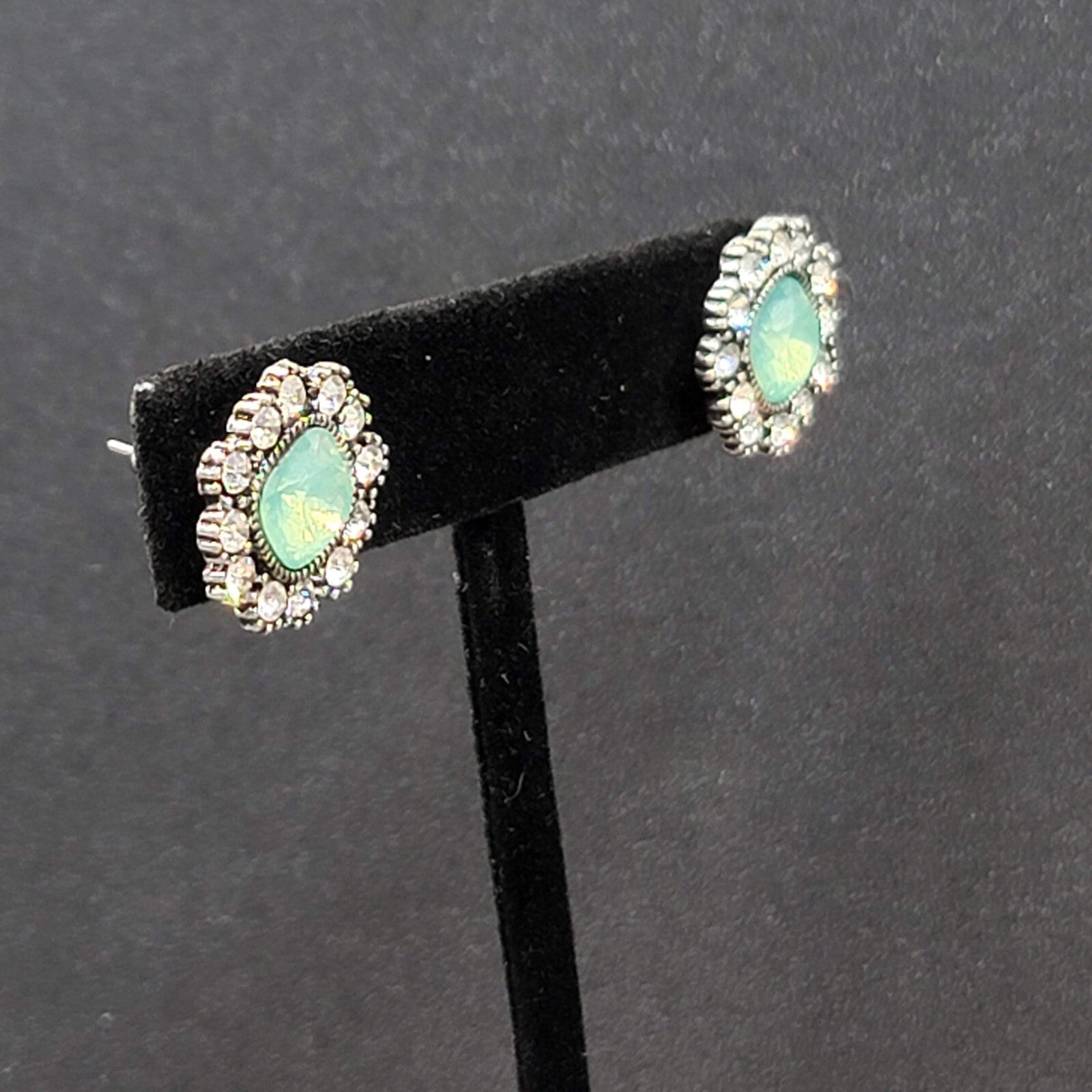 Pierced Earrings Ice Blue Green Clear Rhinestone Studs 5/8"
