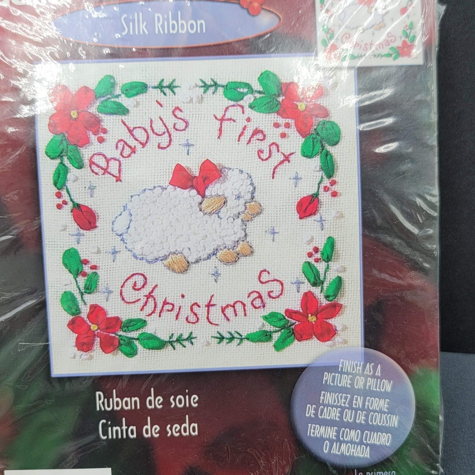 Babys First Christmas Lamb Silk Ribbon Kit Bucilla 5x5