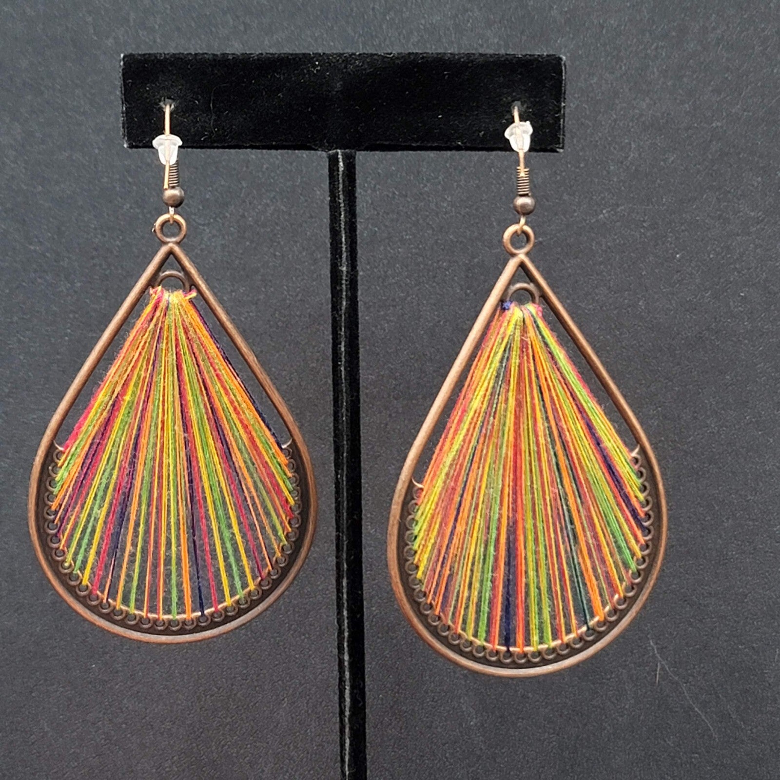 New Boho Pierced Earrings Copper tone Rainbow Threaded Dangle Teardrop 2.75"