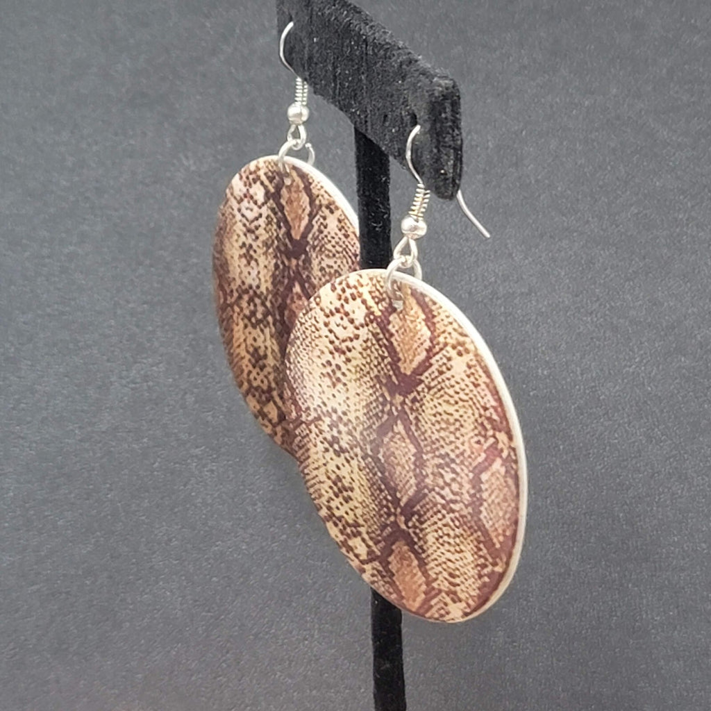 Pierced Earrings Snake Skin Print on Sea Shell 1.75"