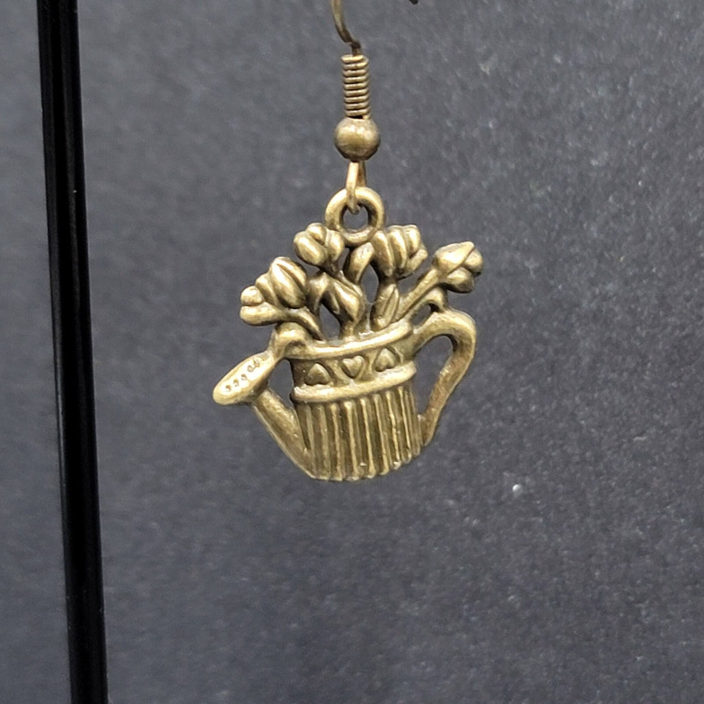 Garden Water Can Flowers Pierced Earrings Bronze tone Embossed Dangle 1" FS