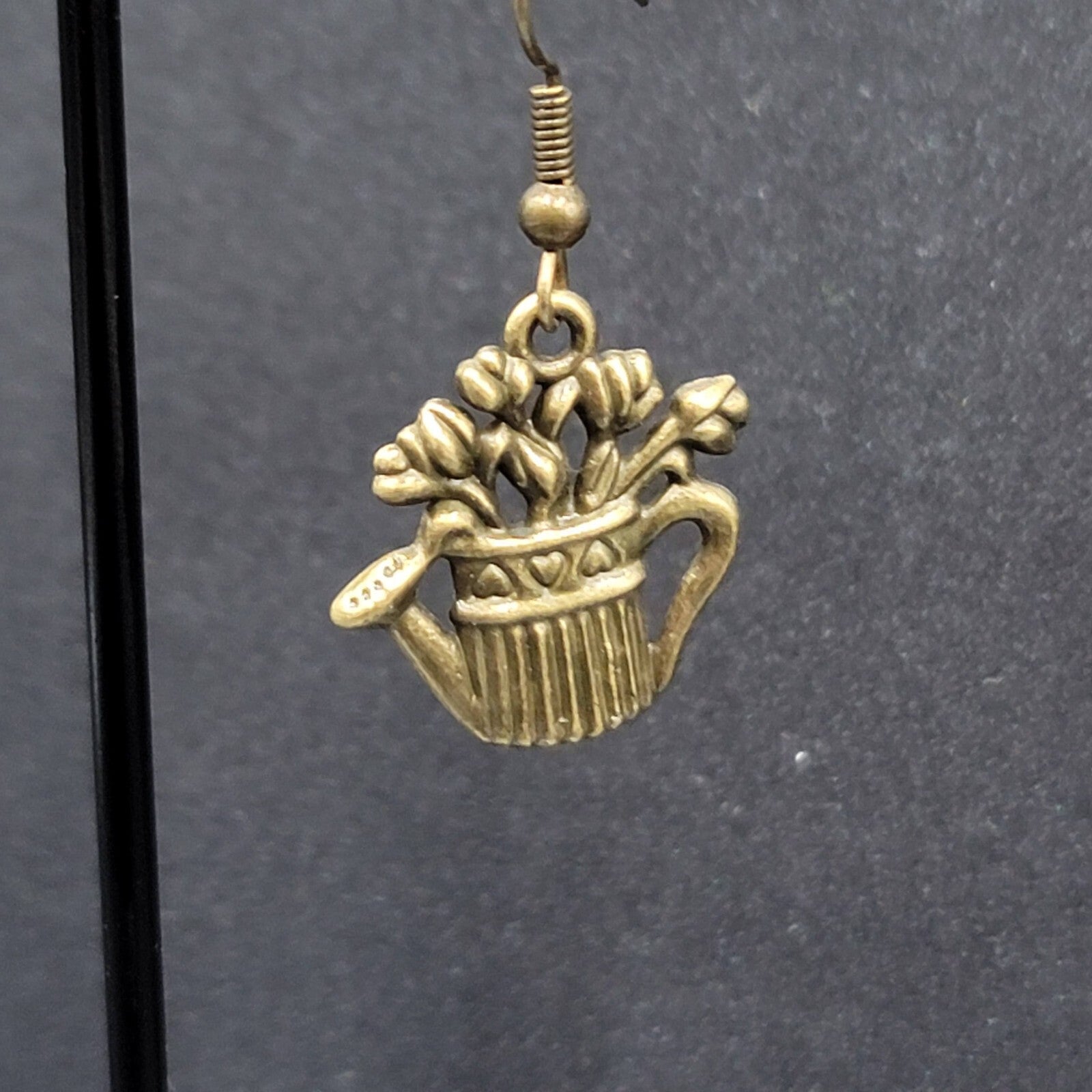 Garden Water Can Flowers Pierced Earrings Bronze tone Embossed Dangle 1" FS