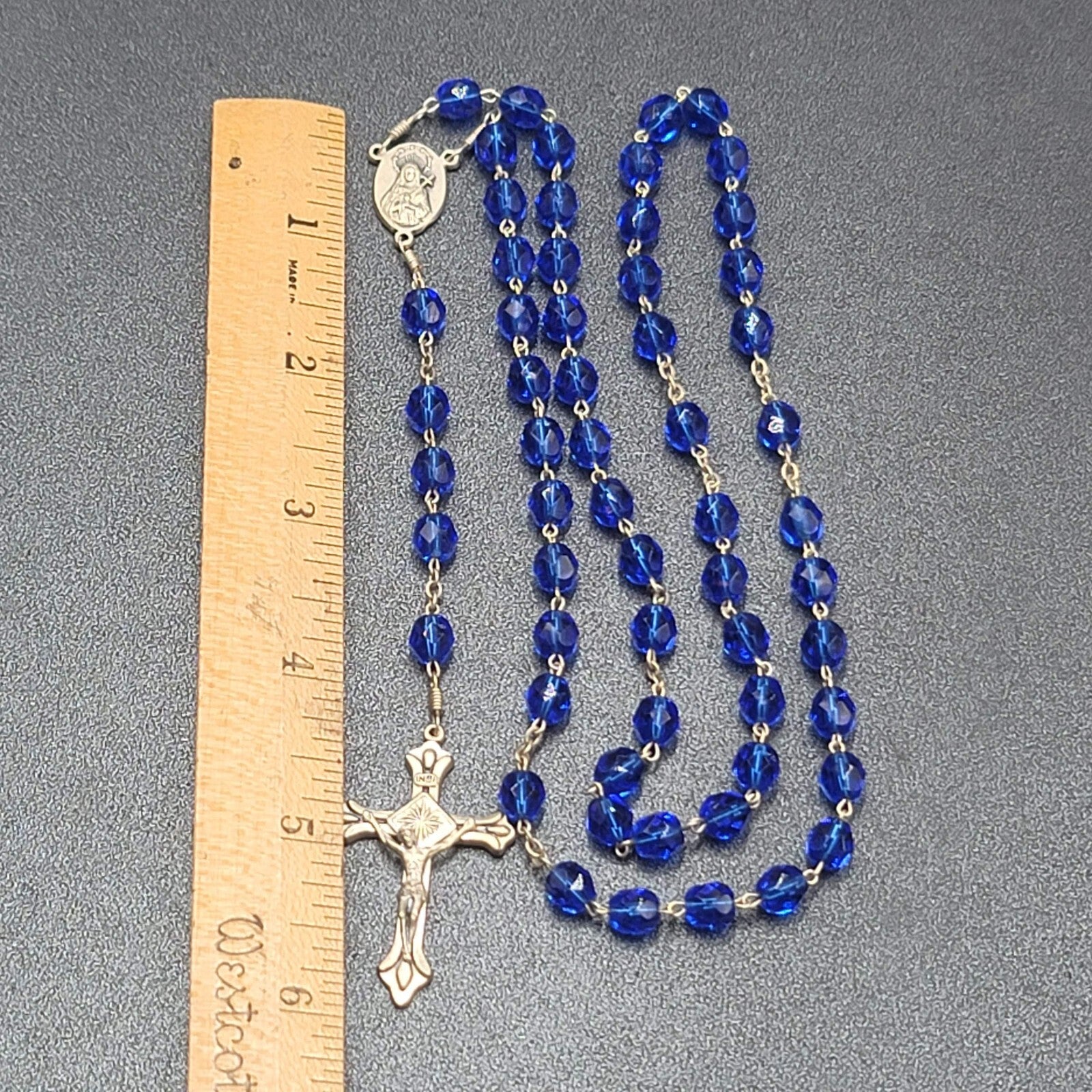 Blue Faceted Bead Catholic Rosary Crucifix Silver tone