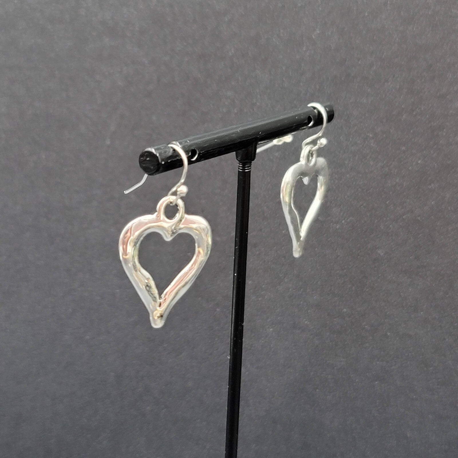 Pierced Earrings Silver tone Open Heart Dangle 1"
