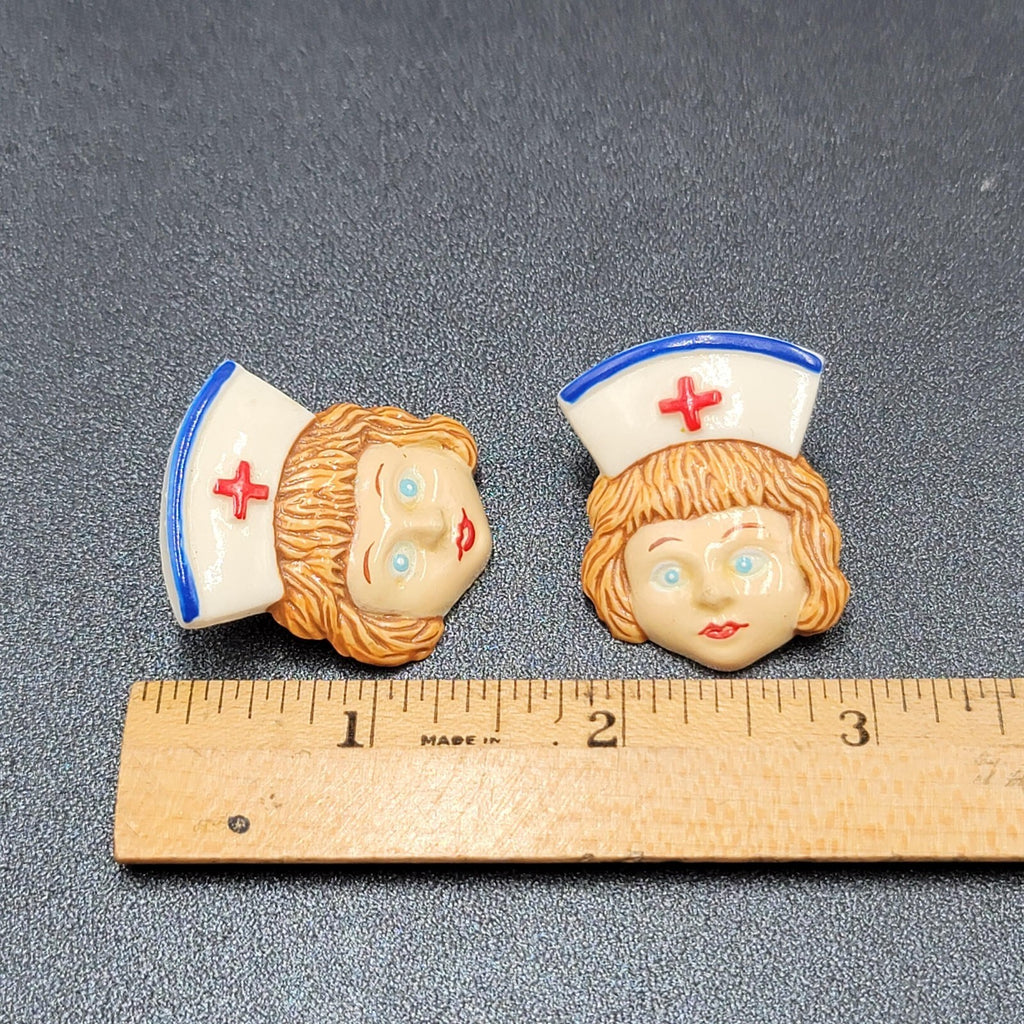 Vintage Pierced Earrings Acrylic Nurse Face Medical Fun Gift 1 3/8"