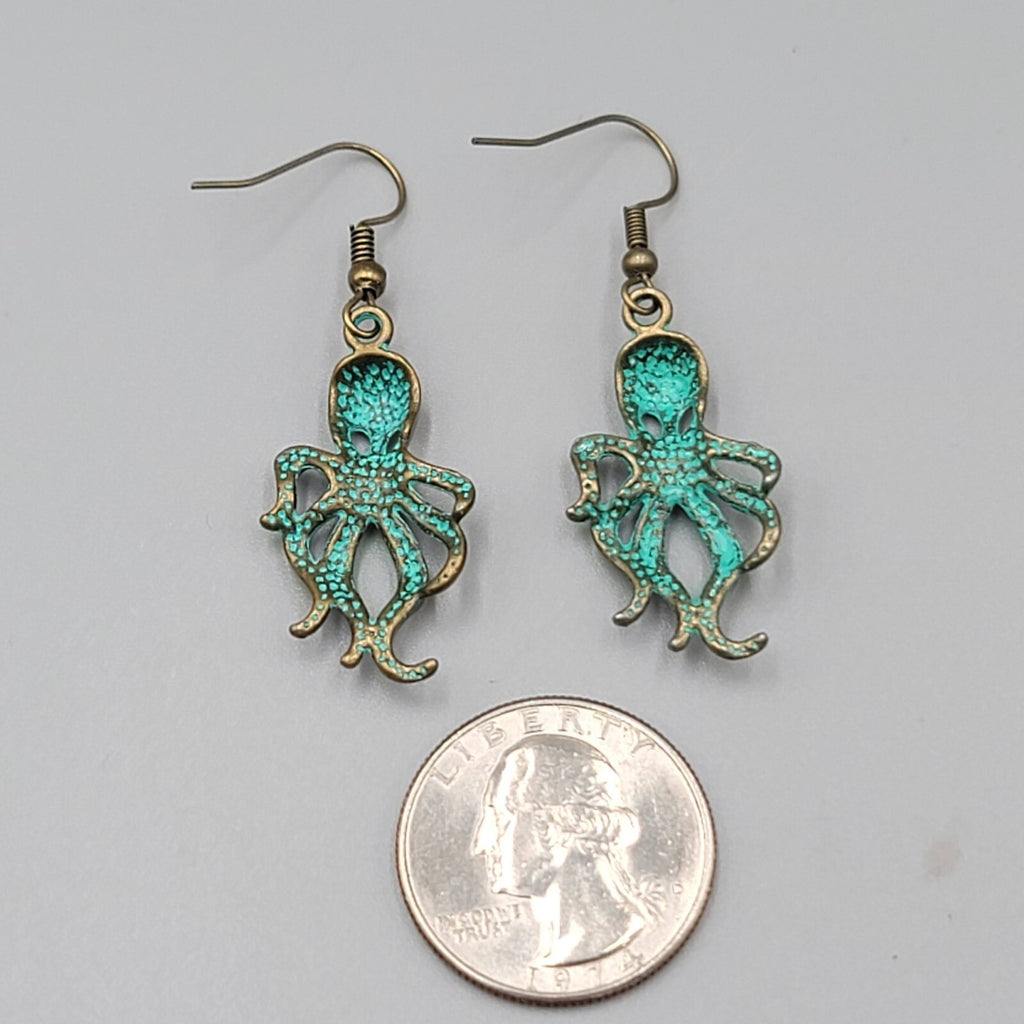 Octopus Beach Sea life Pierced Earrings Bronze tone Green wash Dangle 1 1/8"