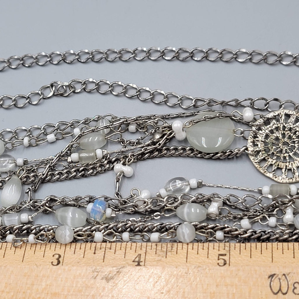 Multi Chain Necklace Silver tone White Cats Eye Bead 28"