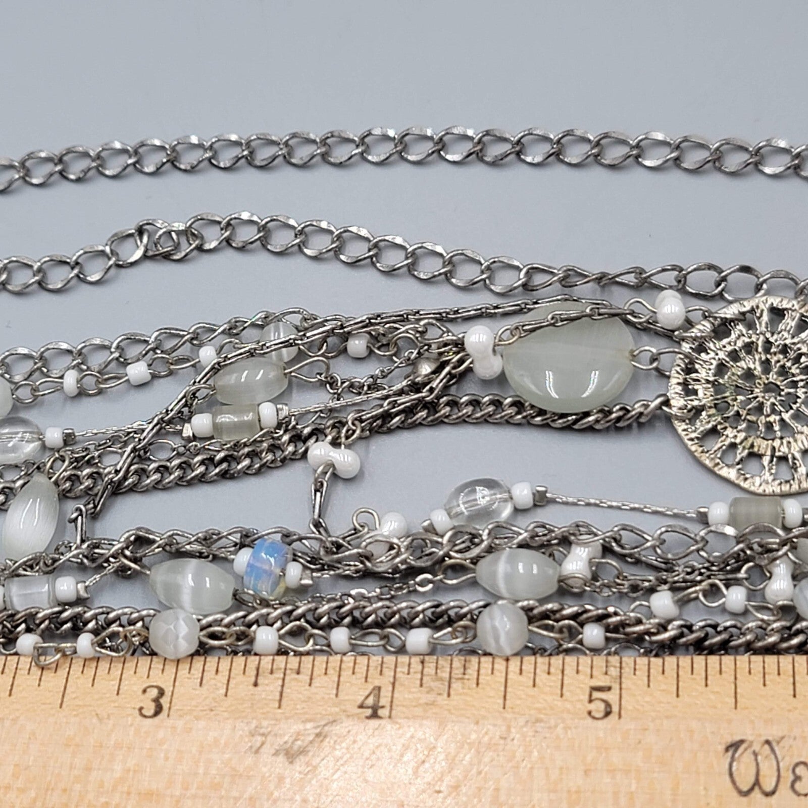 Multi Chain Necklace Silver tone White Cats Eye Bead 28"