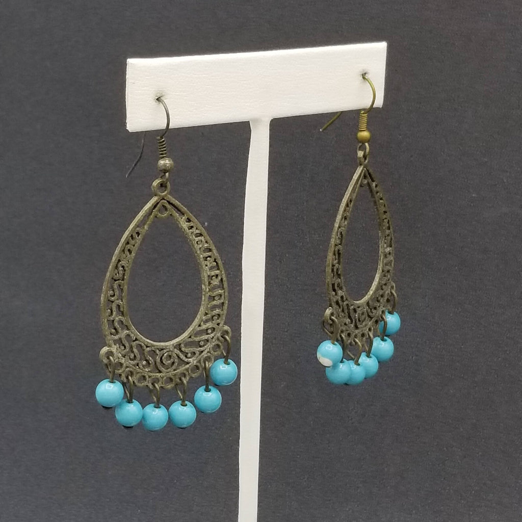 Pierced Earrings Bronze tone Chandelier Teardrop Blue Bead Dangle 2.25"