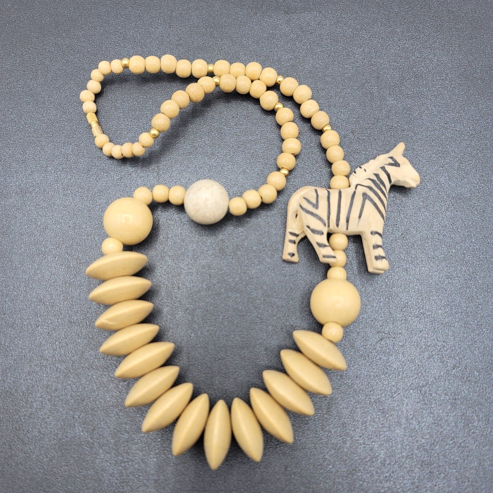 Vintage Safari African Zebra Carved Wood Beaded Necklace 24"