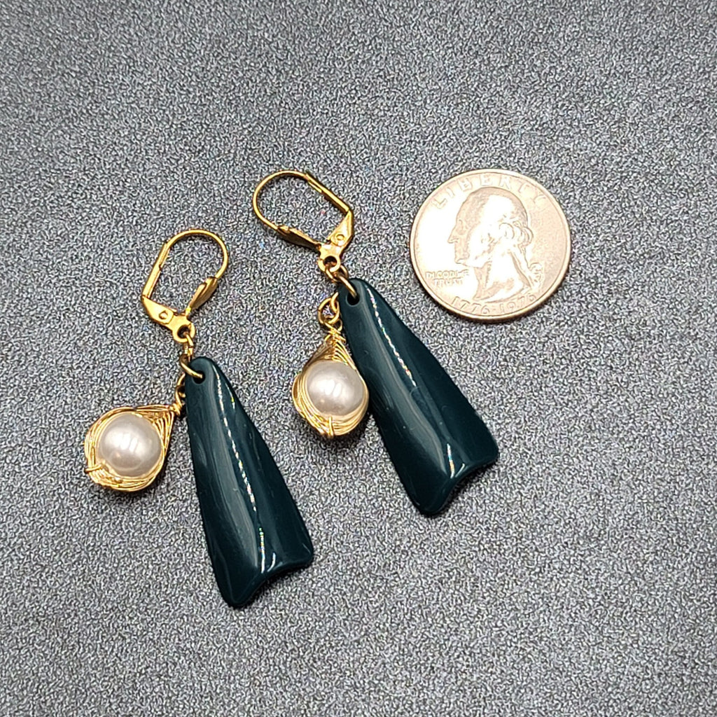 Pierced Earrings Gold Wire Faux Pearl Bead Teal Blue Dangle 1.75"