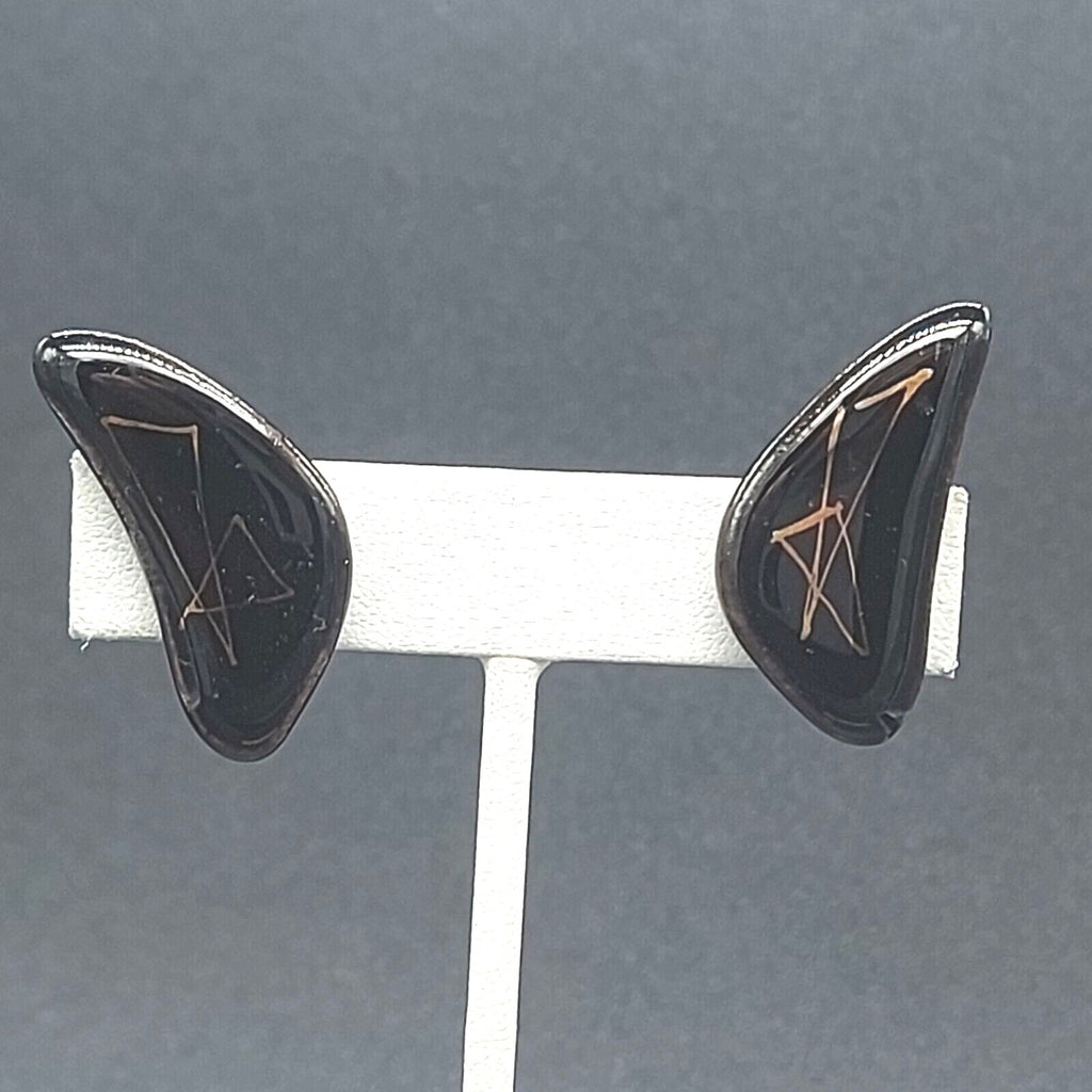 Vintage Clip on Earrings Black Gold Enamel Clay Pottery Modernist 1.25"