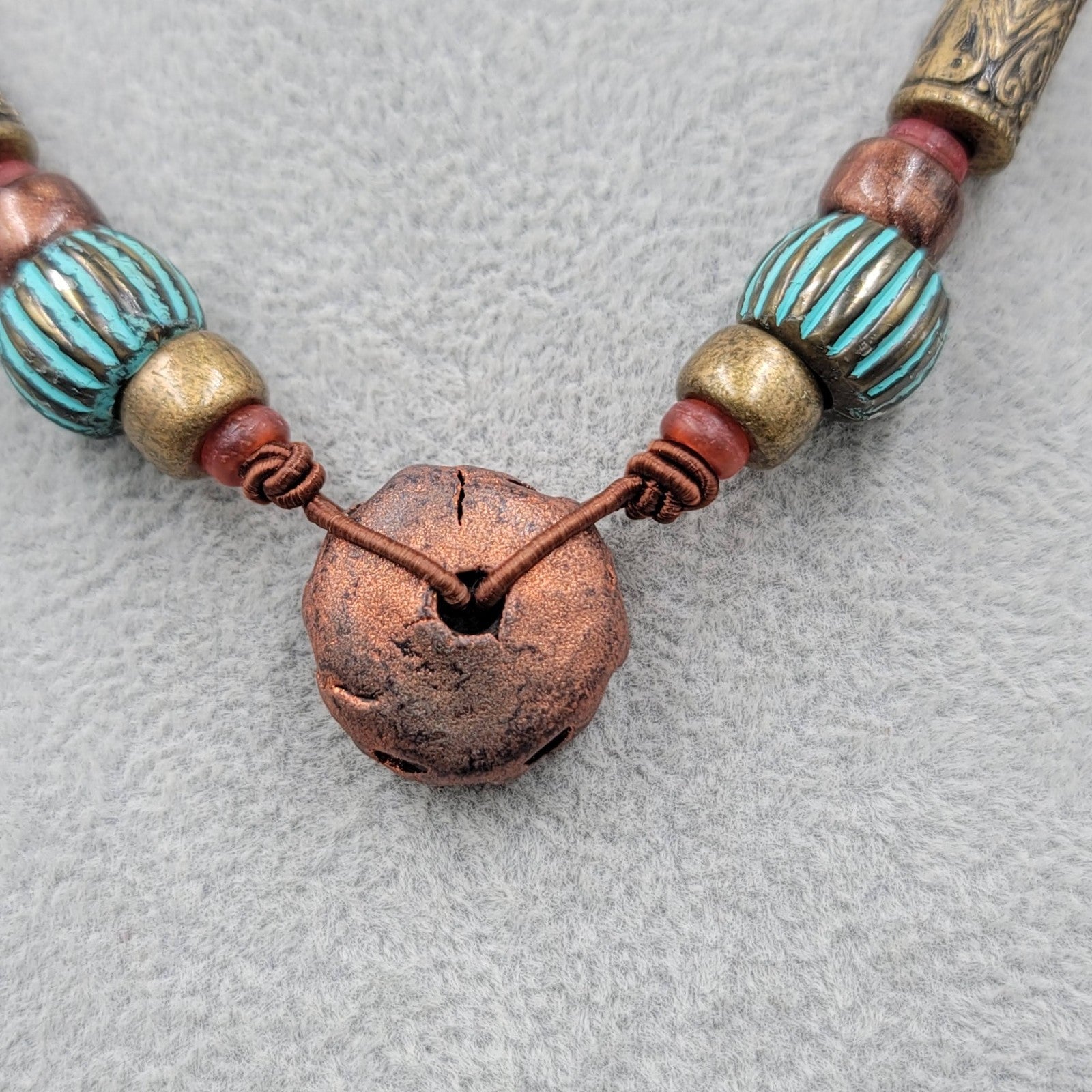 Artisan Tribal Bead Necklace Blue Bronze Colors Brown Cord 16 in