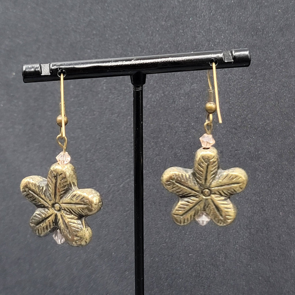 Flower Pierced Earrings Gold tone Pink Crystal Bead Dangle 1"
