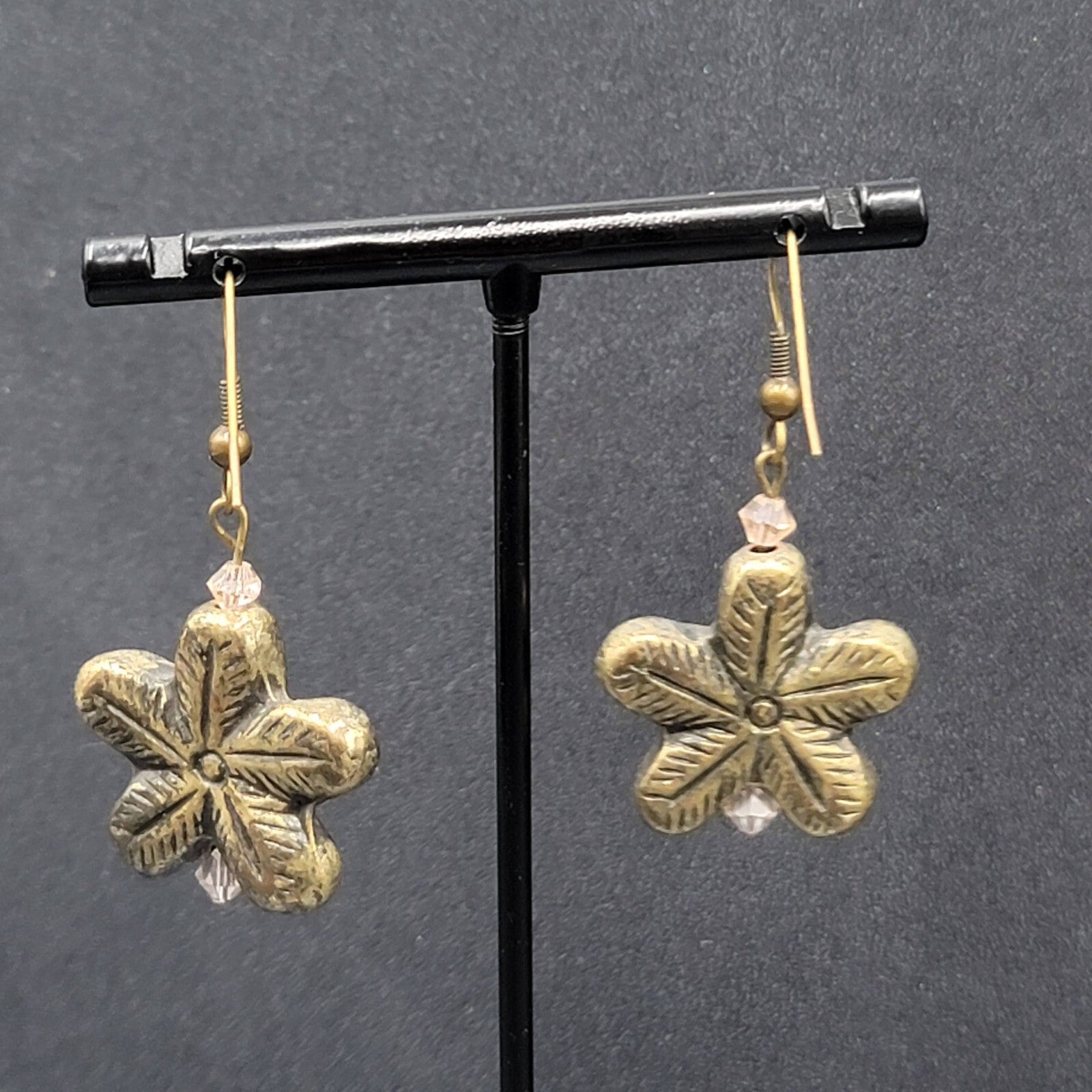 Flower Pierced Earrings Gold tone Pink Crystal Bead Dangle 1"