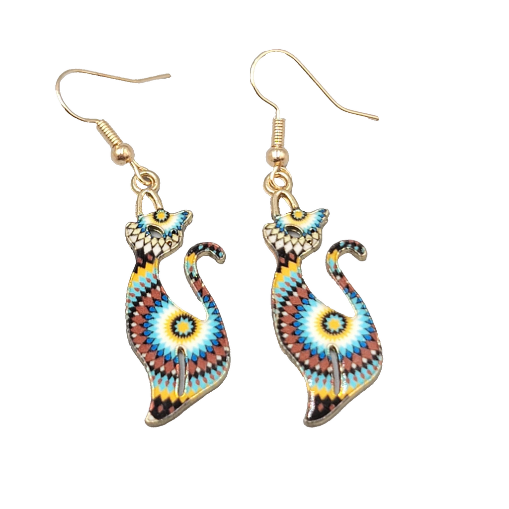 Kitty Cat Mandala Multicolor Pierced Earrings Gold tone Dangle 1 3/8"