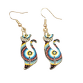 Kitty Cat Mandala Multicolor Pierced Earrings Gold tone Dangle 1 3/8"