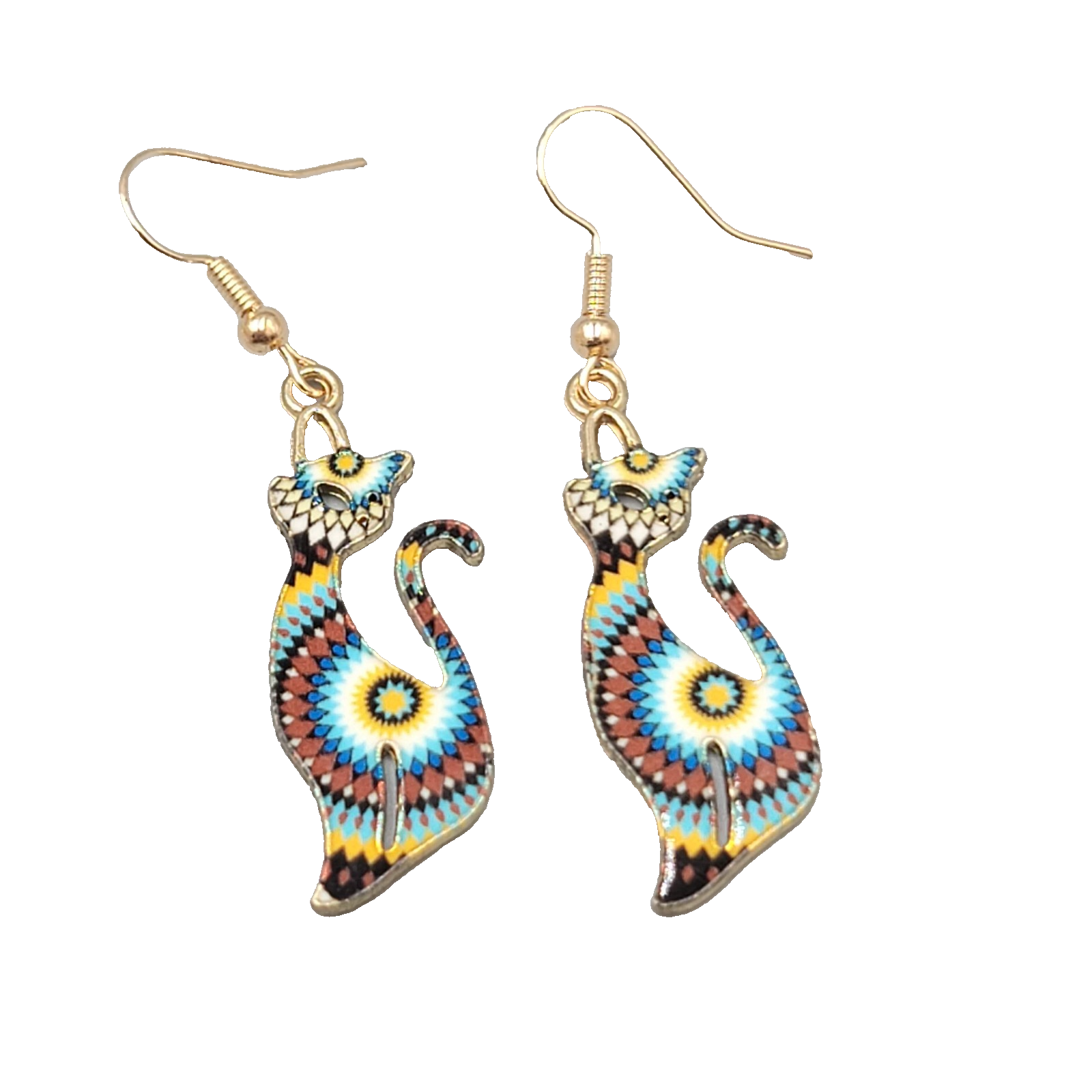 Kitty Cat Mandala Multicolor Pierced Earrings Gold tone Dangle 1 3/8"