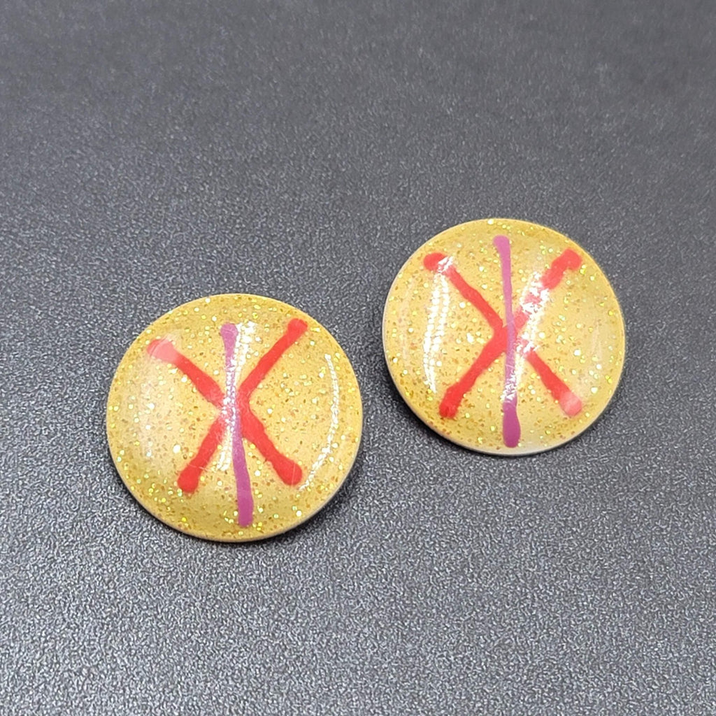 Vintage 1980s Pierced Earrings Glitter Enamel Red Purple Gold Disc Drop 1 1/8"