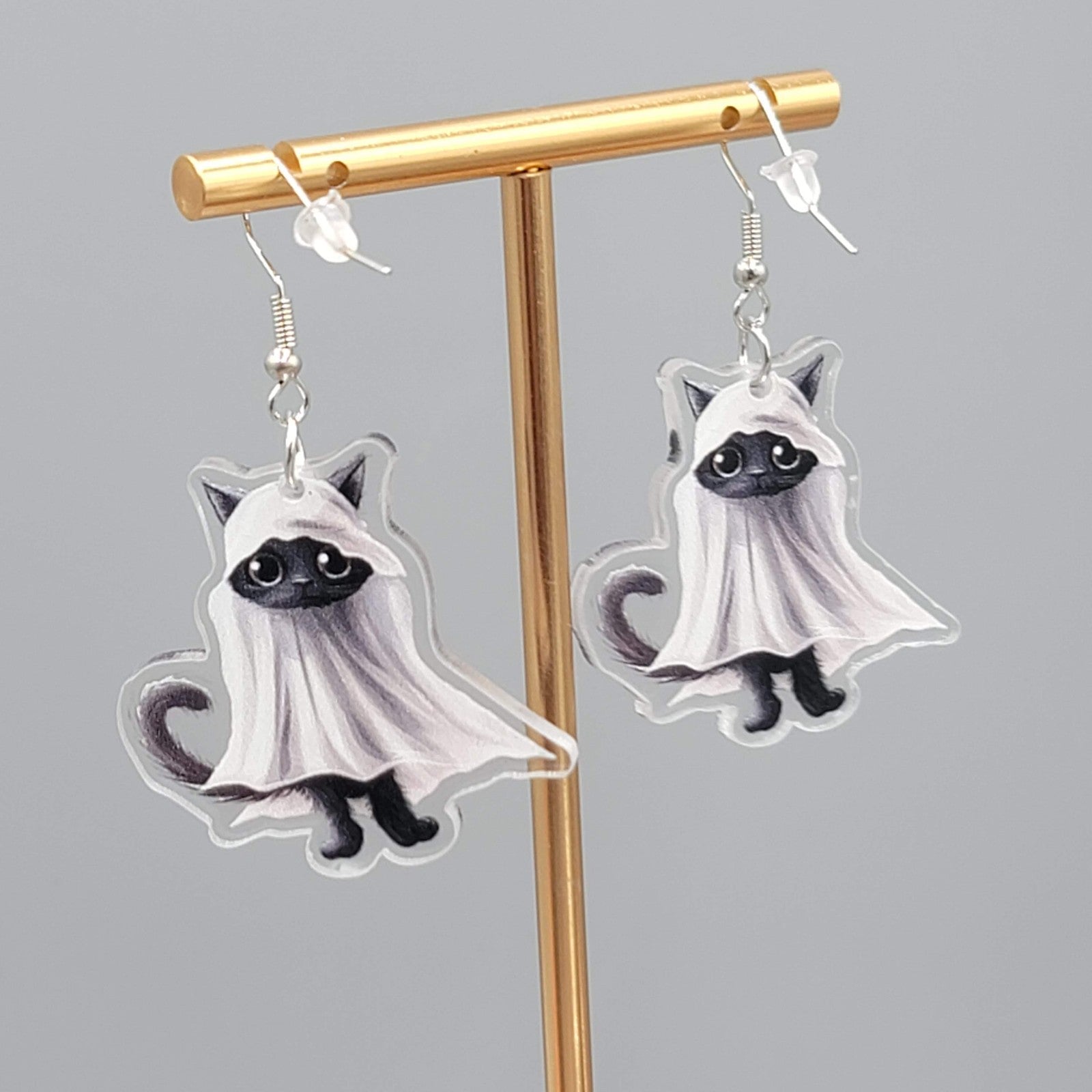 Halloween Black Kitty Cat Ghost Pierced Earrings Silver tone Dangle 1.5 in