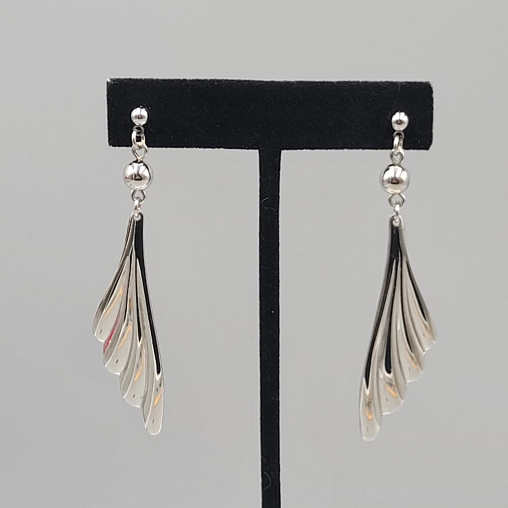 Vintage Pierced Earrings Silver tone Fan Design Dangle 2.75"